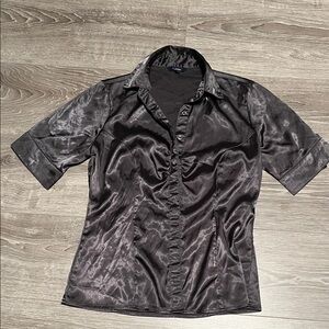 Eye Catching, Head Turning, Sleek Shiny Dark Grey Satin Blouse